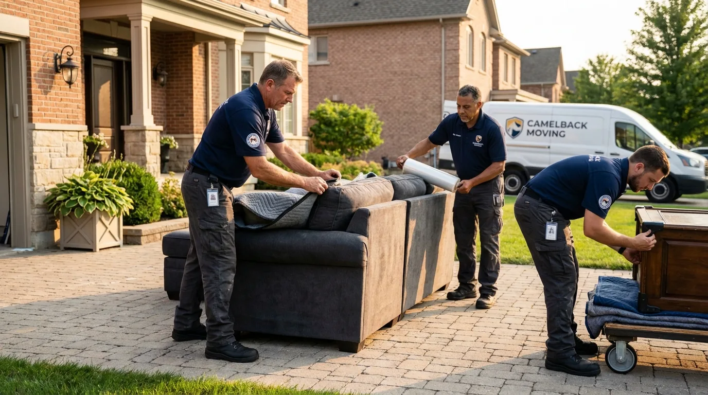 Large estate moving crew wrapping furniture in Queensbury, NY