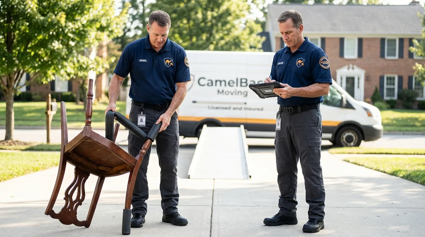 Movers inspecting furniture for damage prevention before loading in Queensbury, NY