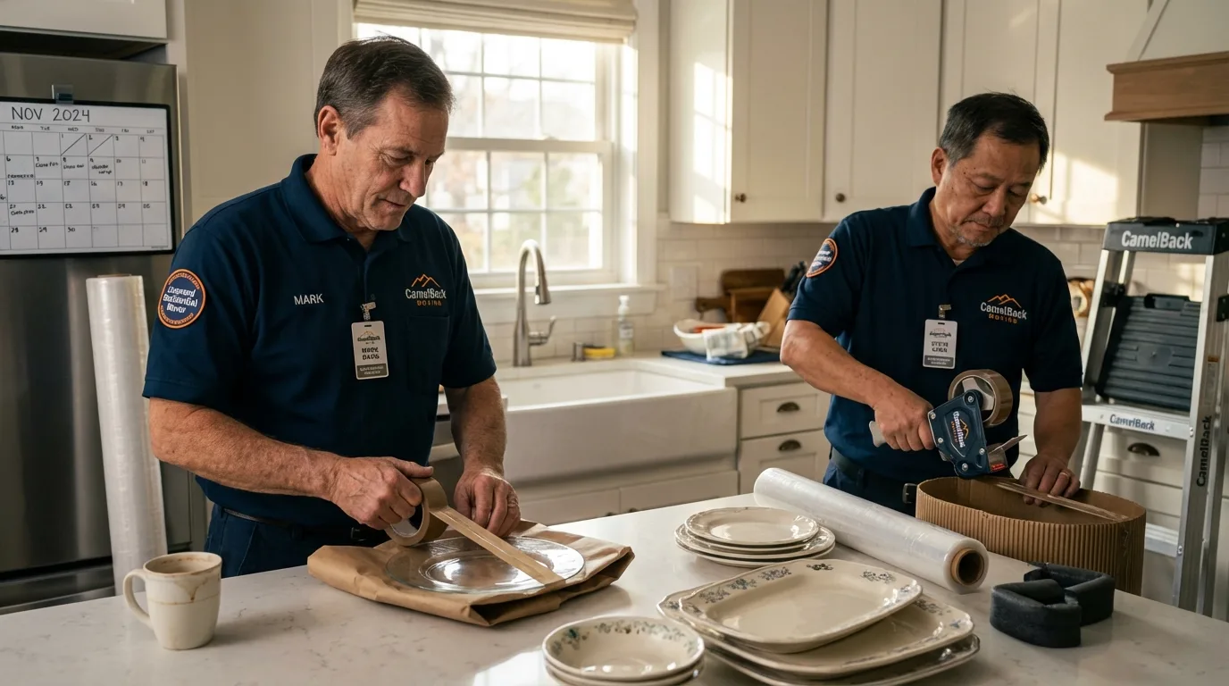 Professional crew packing kitchen dishware in Queensbury, NY
